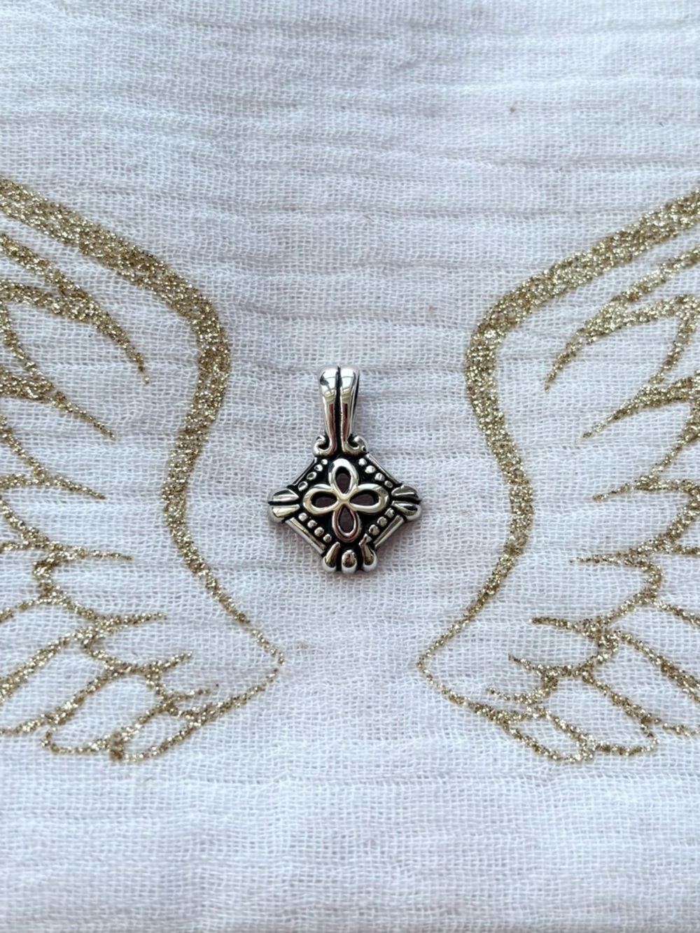 Dainty Sterling Silver Floral Square Pendant - Silver